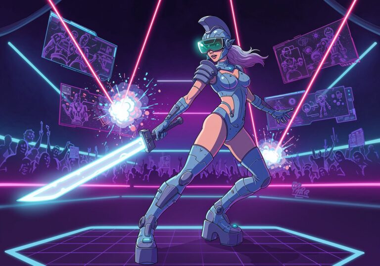 Futurystyczna gladiatorka w arenie VR – odkryj świat cyberwojny i wirtualnego uroku
