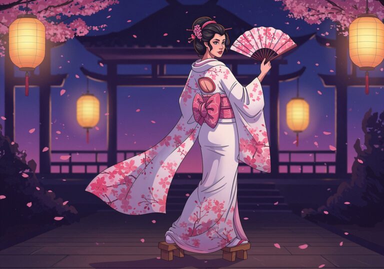 Odkryj egzotyczny look wschodniej gejszy – kimono z wycięciami i kwiatami wiśni